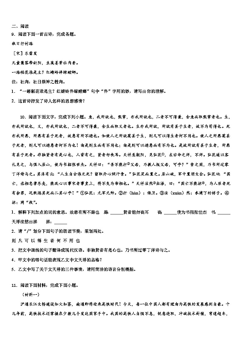 2023届湖北阳新一中重点达标名校初中语文毕业考试模拟冲刺卷含解析03