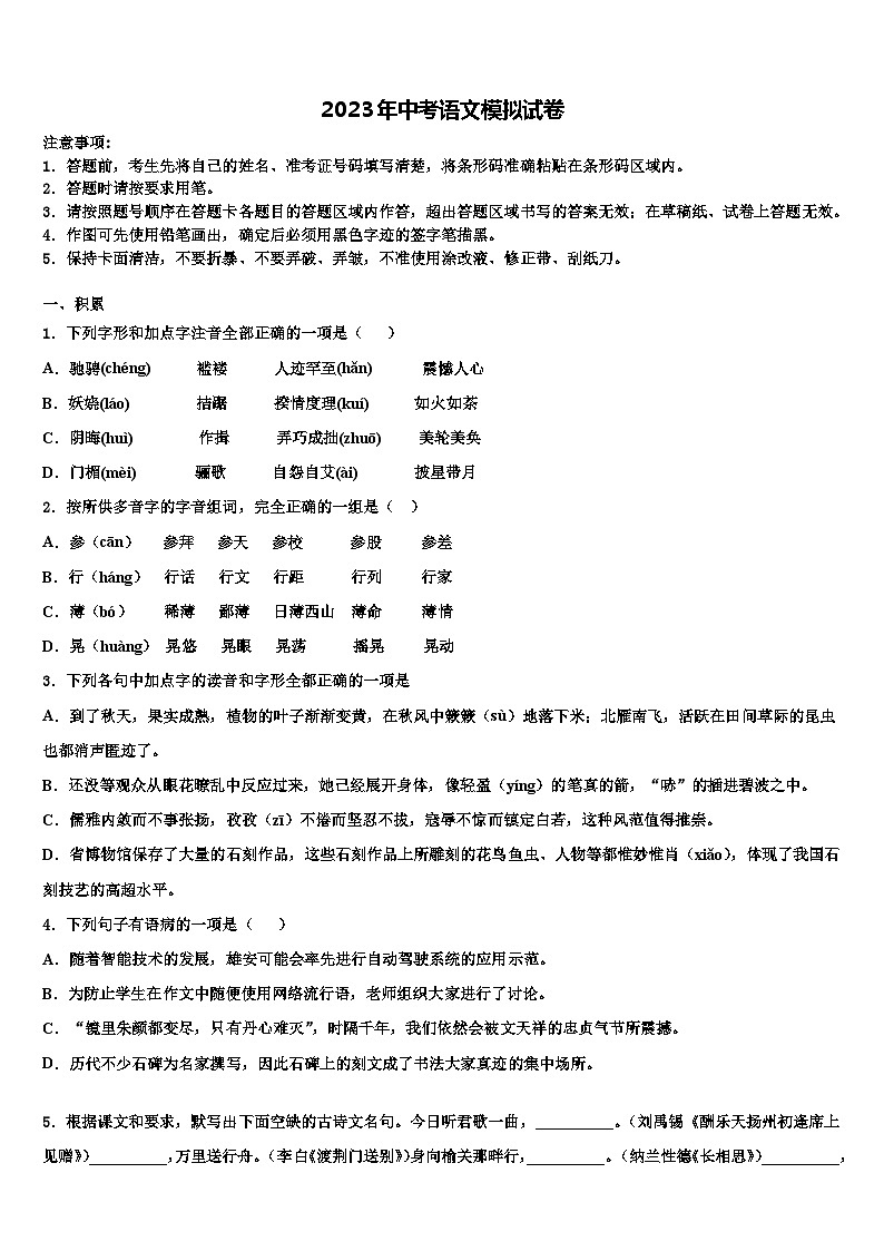 2023届湖南省娄底市冷水江市重点达标名校中考语文考试模拟冲刺卷含解析01
