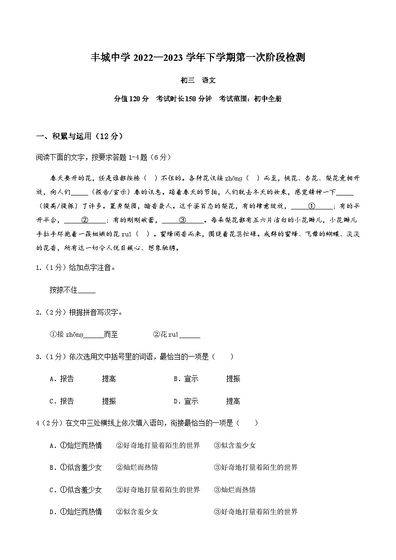 丰城中学2022—2023学年下学期初三段考语文试卷（无答案）第1页