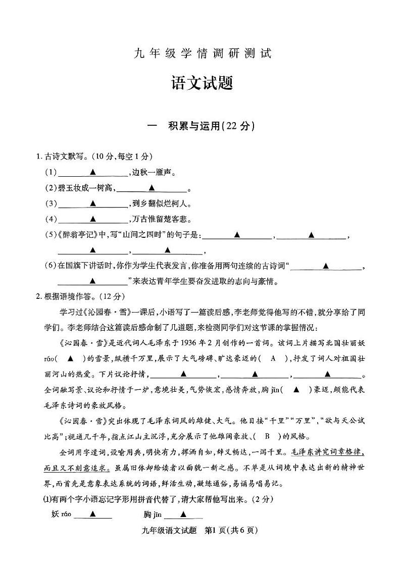 江苏省徐州市沛县2023-2024学年第一学期九年级学情调研测试语文试题第1页