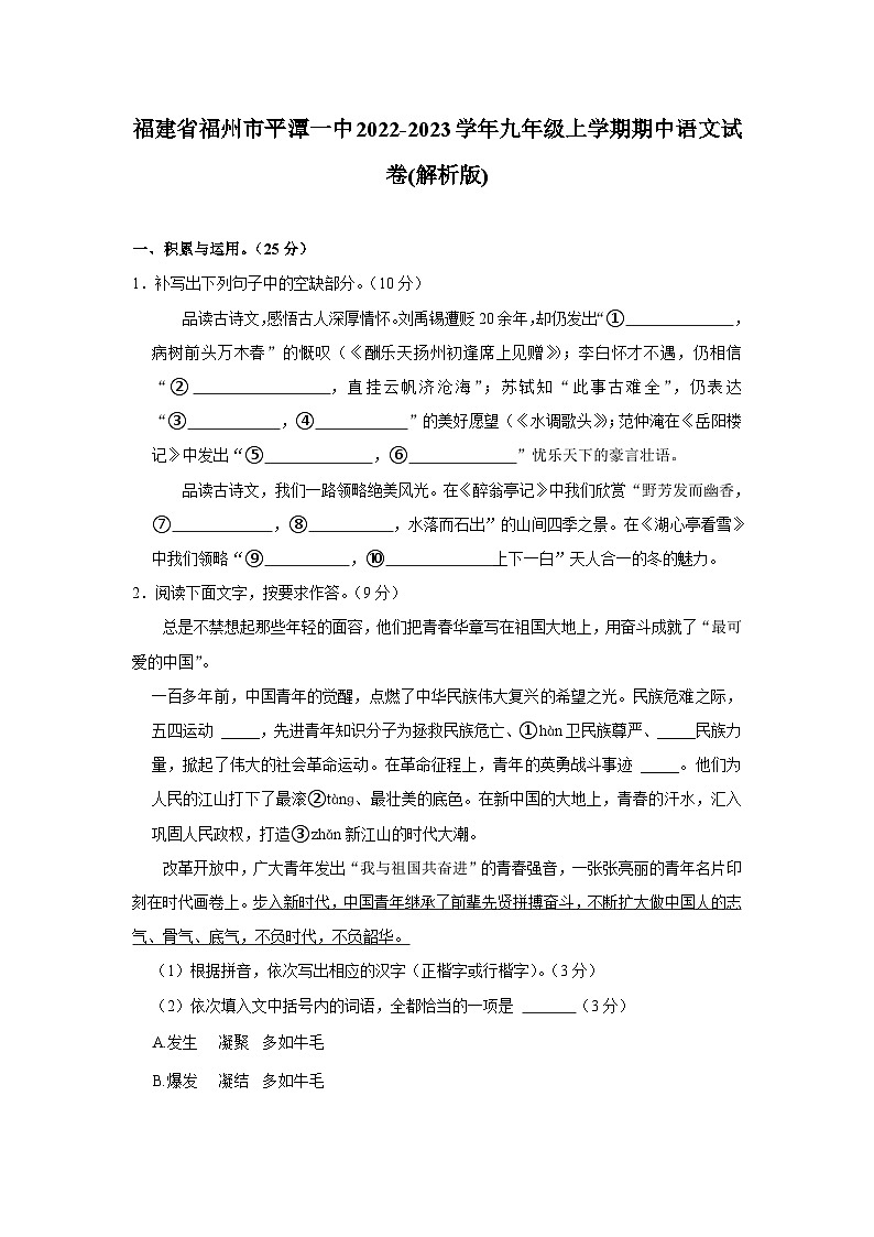 福建省福州市平潭第一中学2022-2023学年九年级上学期期中语文试卷第1页