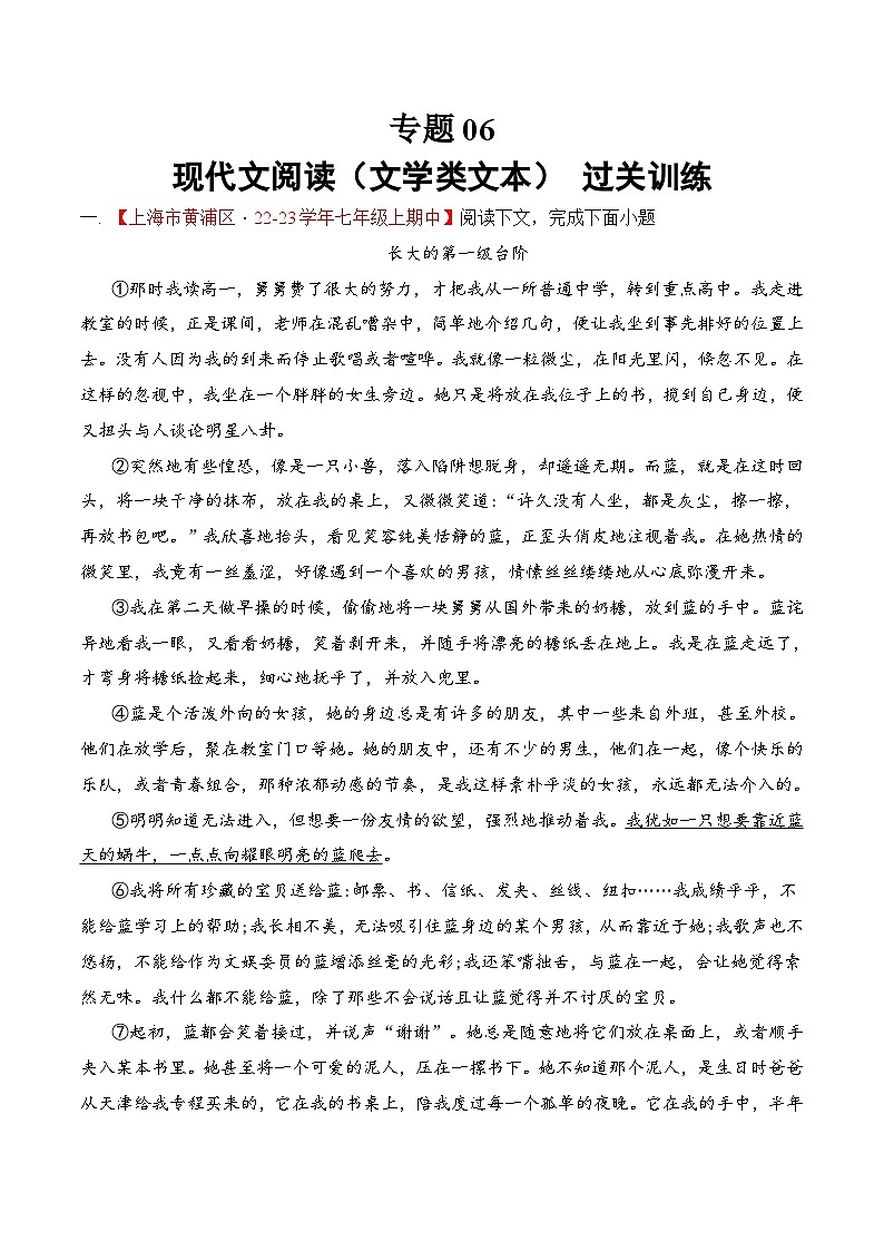 专题06 现代文阅读（文学类文本）（过关训练）- 2023-2024学年七年级上学期语文期中复习大礼包（统编版）（解析版）第1页