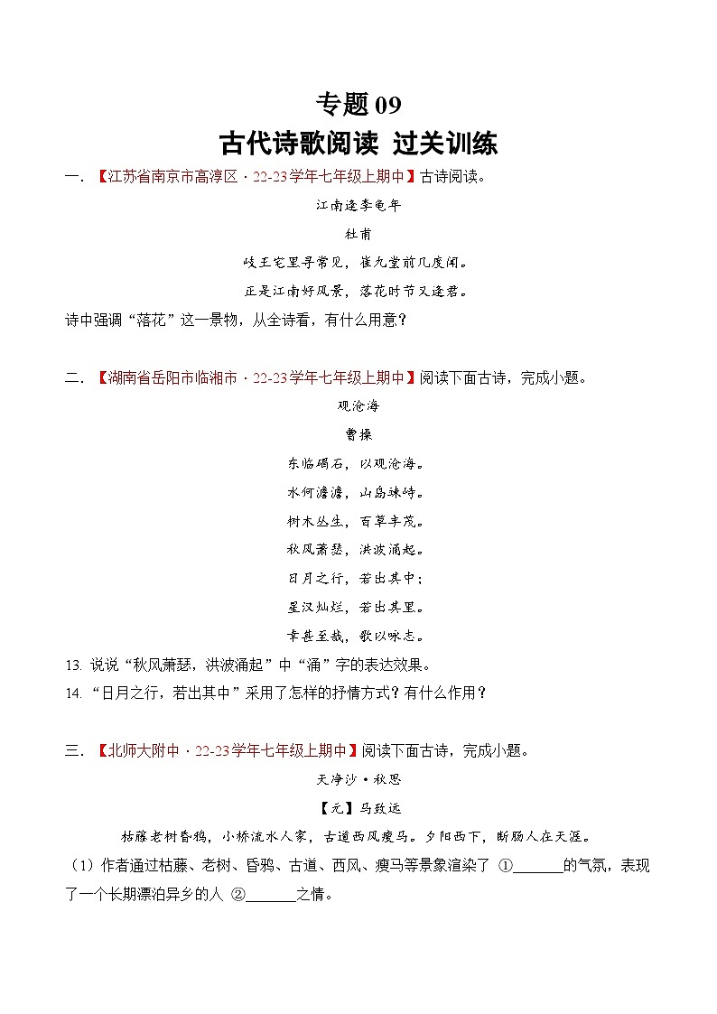 专题09 古代诗歌阅读 过关训练-2023-2024学年七年级上学期语文期中复习大礼包（统编版）01