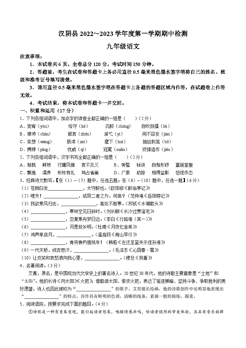 陕西省安康市汉阴县2022-2023学年九年级上学期期中语文试题第1页
