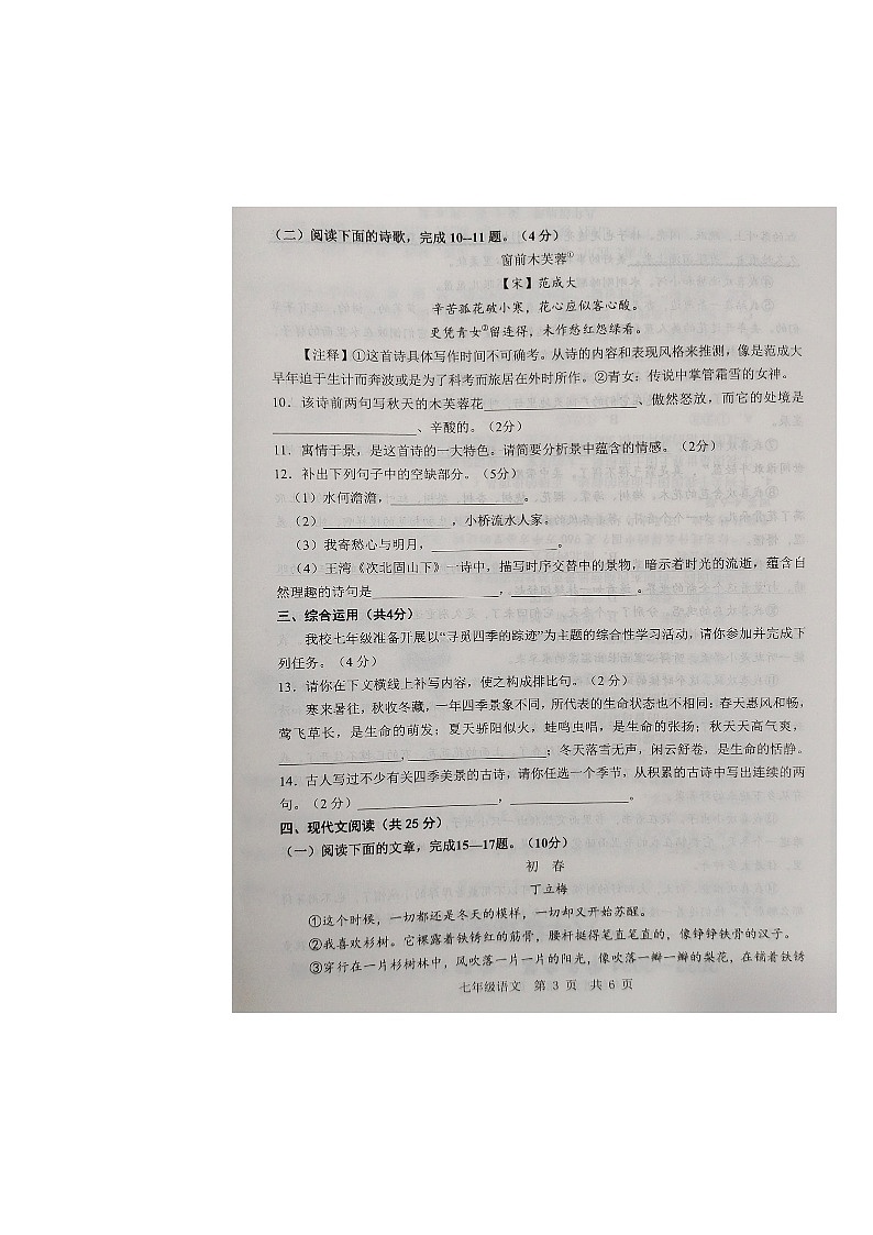 山东省济宁市金乡县2023-2024学年七年级上学期10月月考语文试题03