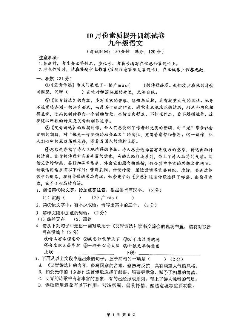 广西南宁市第二中学2023—2024学年九年级上学期10月月考语文试卷01