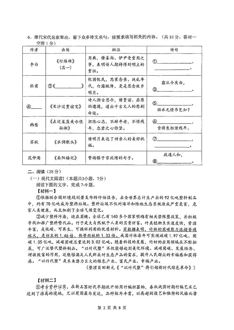 广西南宁市第二中学2023—2024学年九年级上学期10月月考语文试卷02