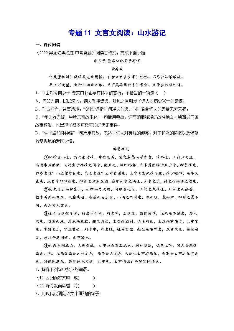 2023年中考语文基础考点精讲精练专项汇编专题11 文言文阅读：山水游记(原卷版)第1页