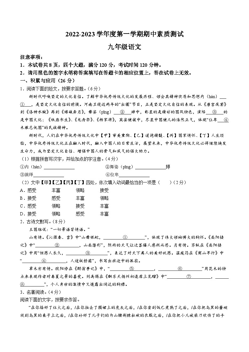 河南省驻马店市平舆县2022-2023学年九年级上学期期中语文试题01