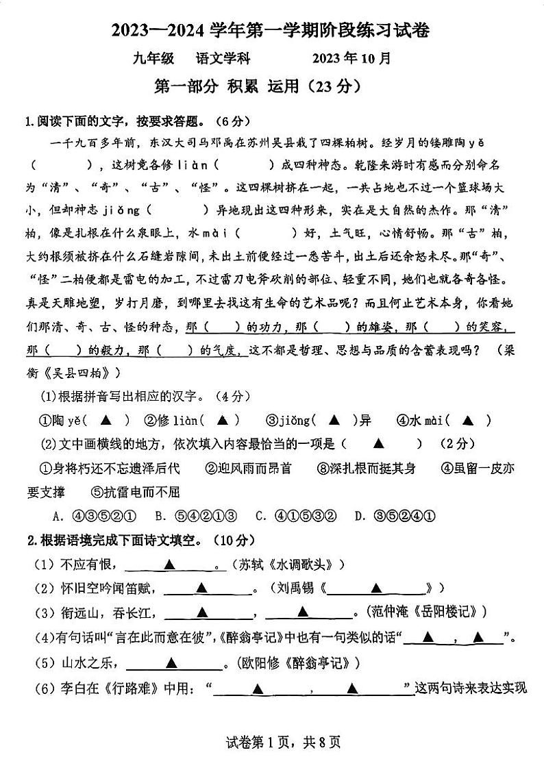 江苏省苏州市工业园区景城学校2023-2024学年九年级上学期九阶段练习语文试卷（月考）01