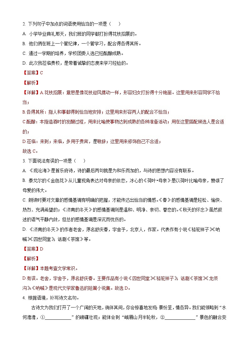 期中考试模拟卷D卷（答案与解释）七年级语文上册 2023-2024学年统编版 全国通用第2页