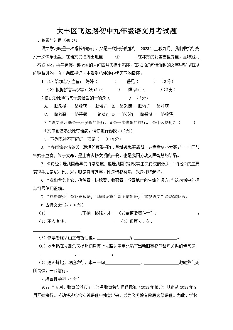江苏省盐城市大丰区飞达路初级中学2023-2024学年九年级上学期10月月考语文试题01