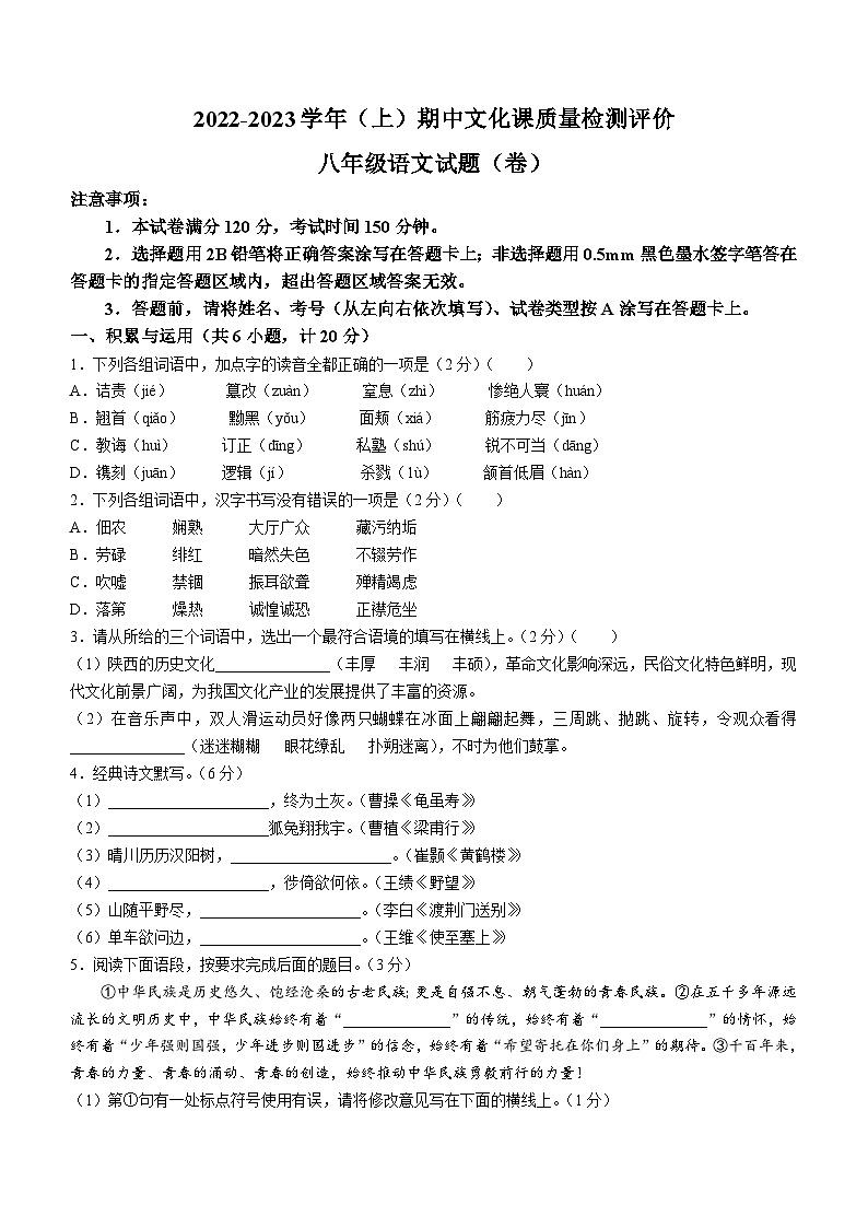 陕西省渭南市澄城县2022-2023学年八年级上学期语文期中试题第1页