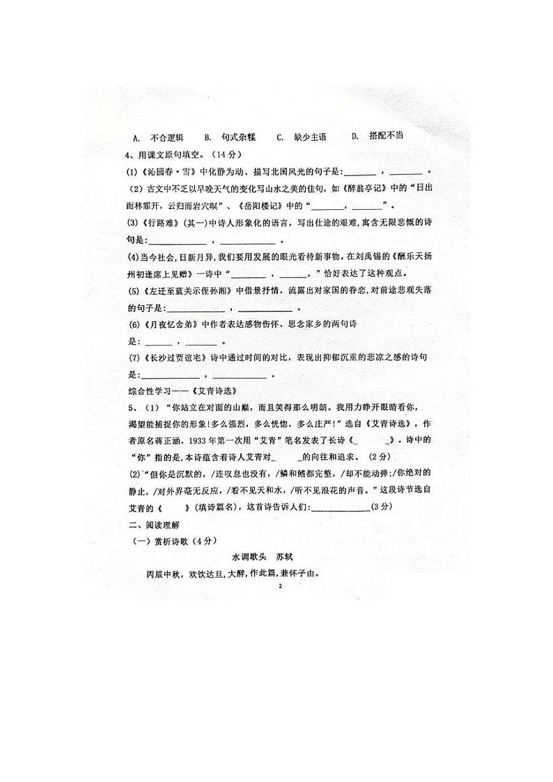 山东省枣庄市滕州市北辛街道北辛中学2023-2024学年九年级上学期10月月考语文试题02