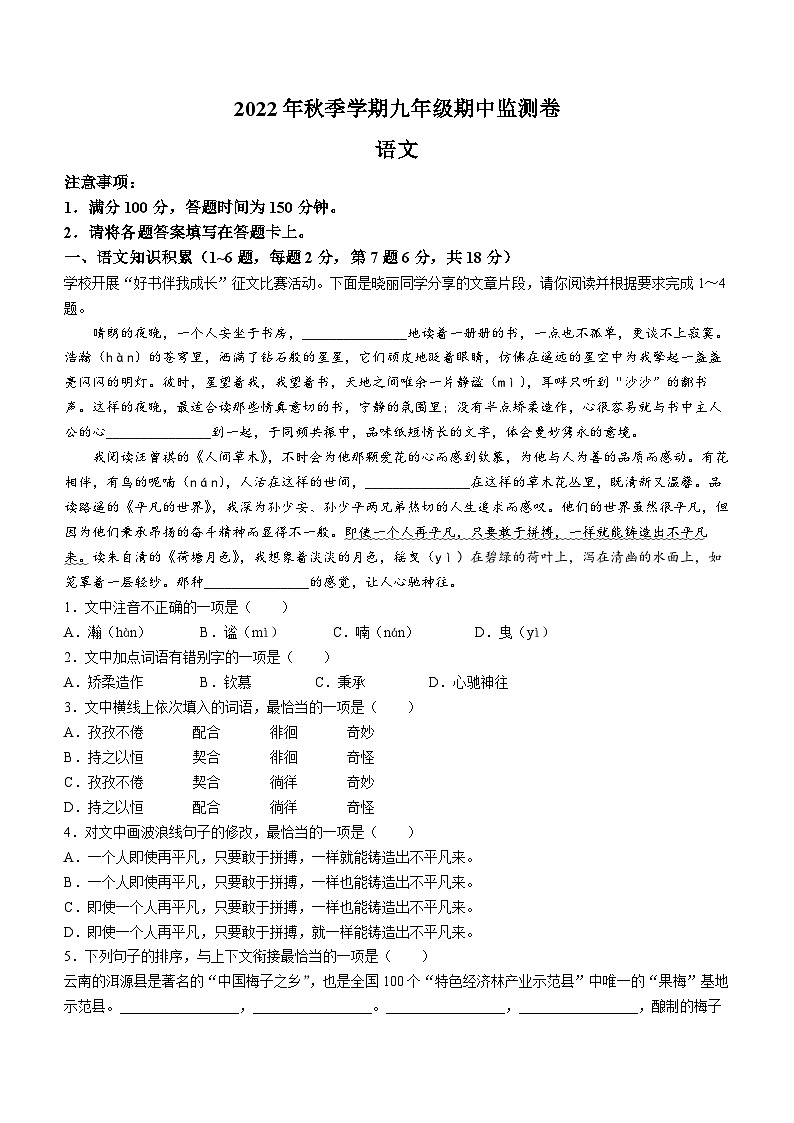 云南省昭通市巧家县2022-2023学年九年级上学期期中语文试题01