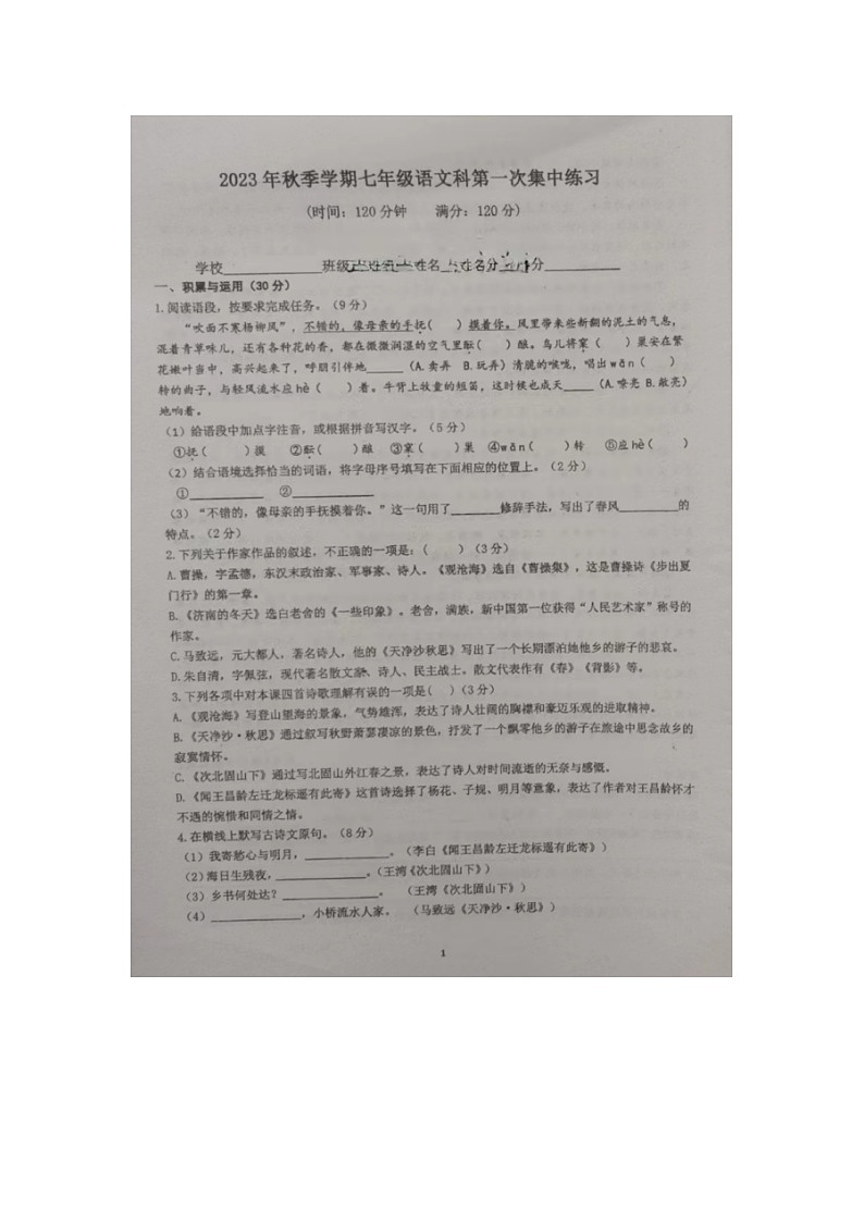 海南省澄迈县大丰学校2023-2024学年七年级上学期第一次集中练习语文试题（月考）01
