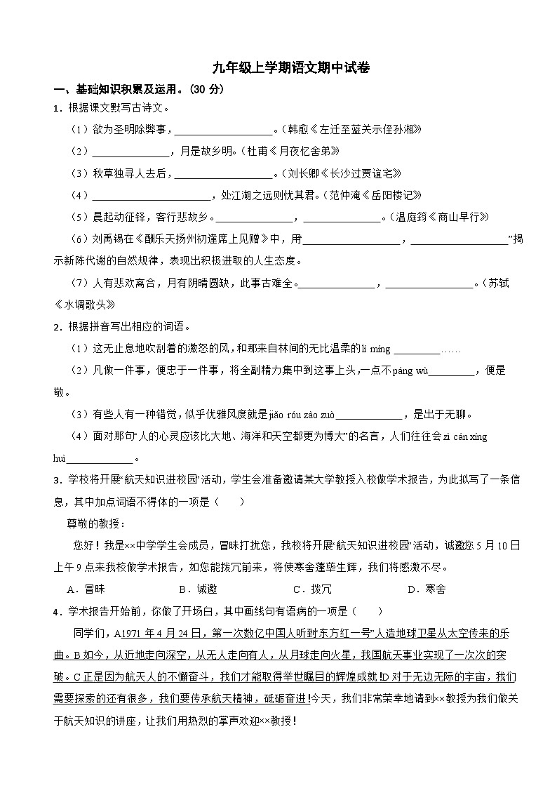 广东省湛江市2023年九年级上学期语文期中试卷（附答案）01