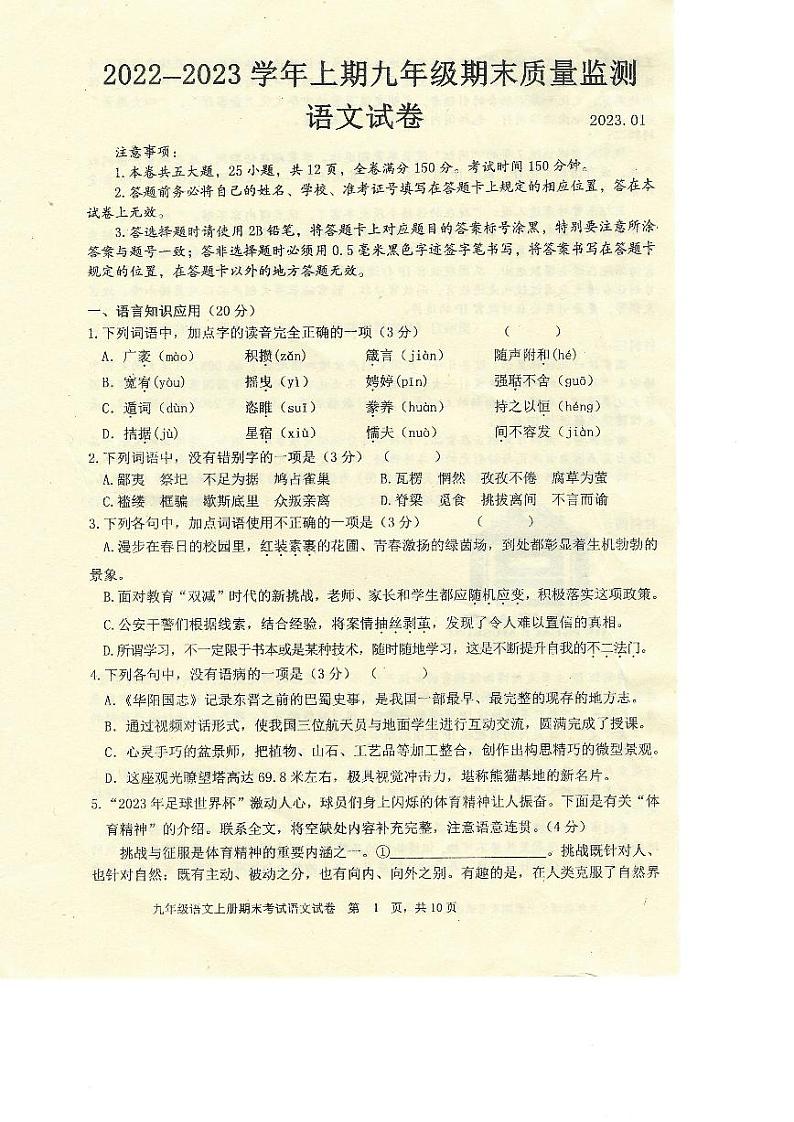 四川省眉山市东坡区2022-2023学年九年级上学期期末质量监测语文试卷01