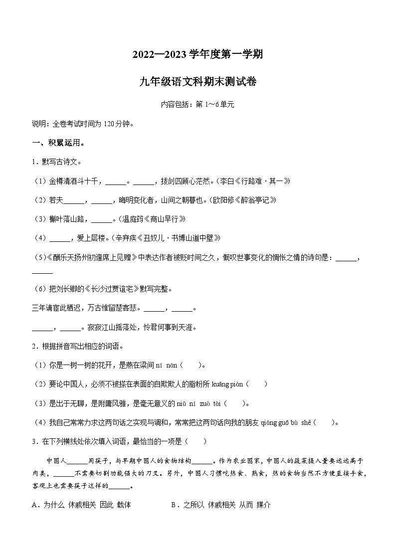 广东省汕头市潮南区2022-2023学年九年级上学期期末语文试题01