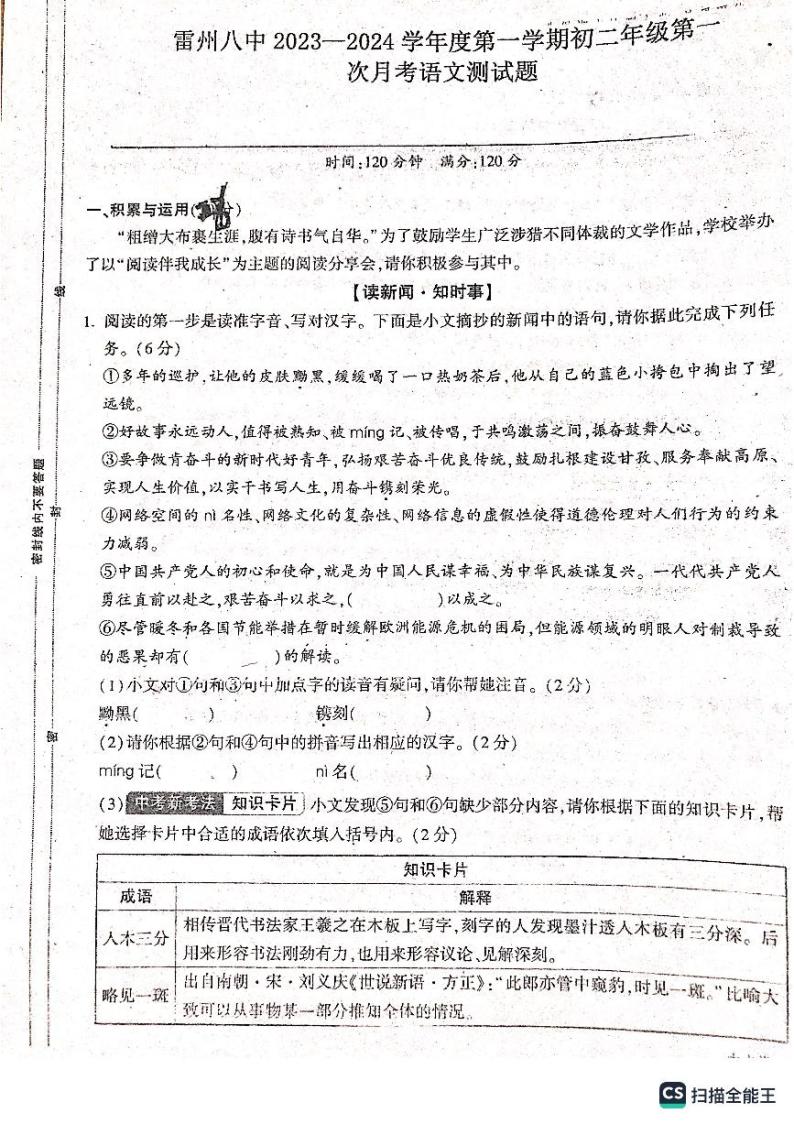 广东省雷州市第八中学2023-2024学年八年级上学期第一次月考语文试题01
