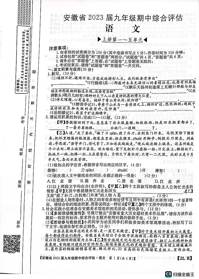 安徽省安庆市桐城市大关初级中学2022-2023学年九年级上学期期中测试语文试卷01