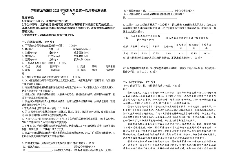 四川省泸州市龙马潭区2023-2024学年九年级上学期10月月考联考语文试题01