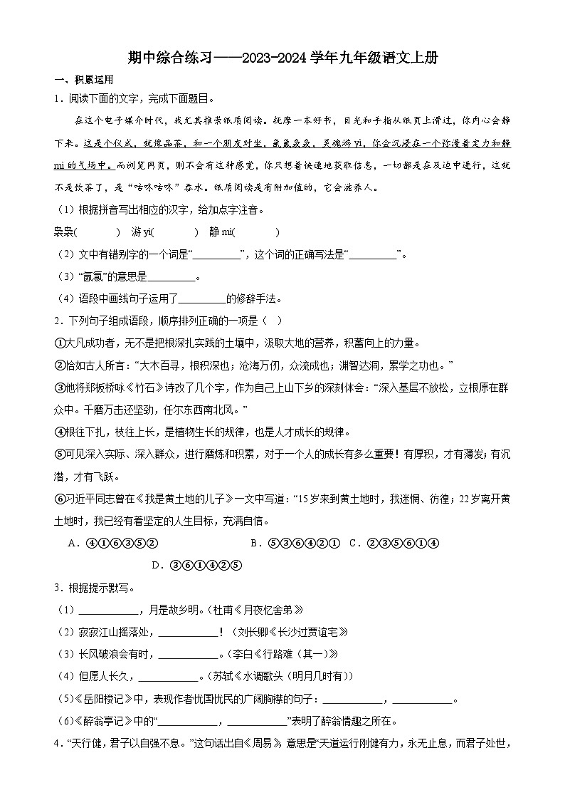 期中综合练习 2023-2024学年统编版语文九年级上册第1页