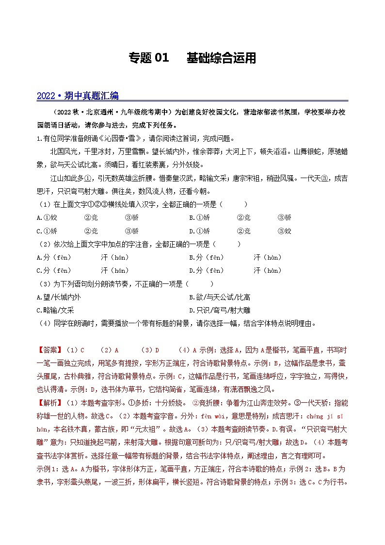 【期中真题】（北京专用）2023-2024学年九年级语文上学期期中真题分类专题汇编 专题01 基础综合运用-试卷.zip01
