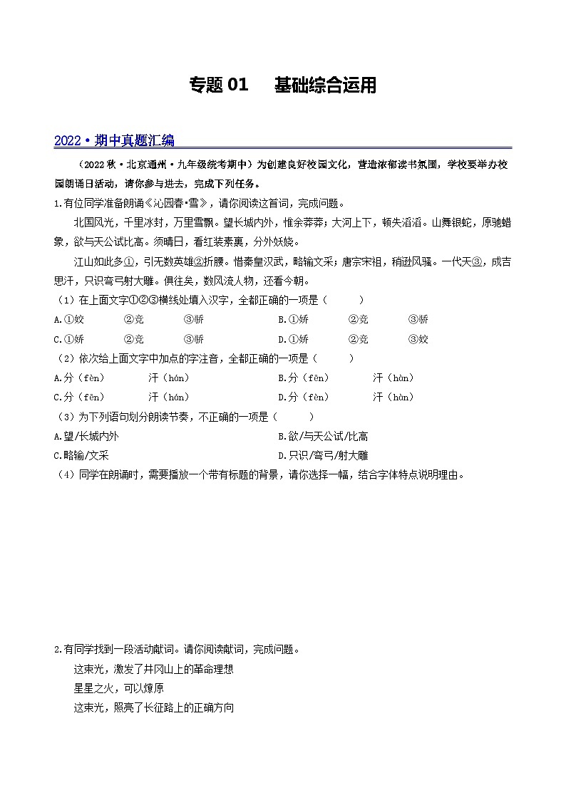 【期中真题】（北京专用）2023-2024学年九年级语文上学期期中真题分类专题汇编 专题01 基础综合运用-试卷.zip01