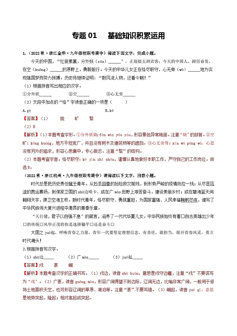 【期中真题】（浙江专用）2023-2024学年九年级语文上学期期中真题分类汇编专题01  基础知识积累运用-试卷.zip01