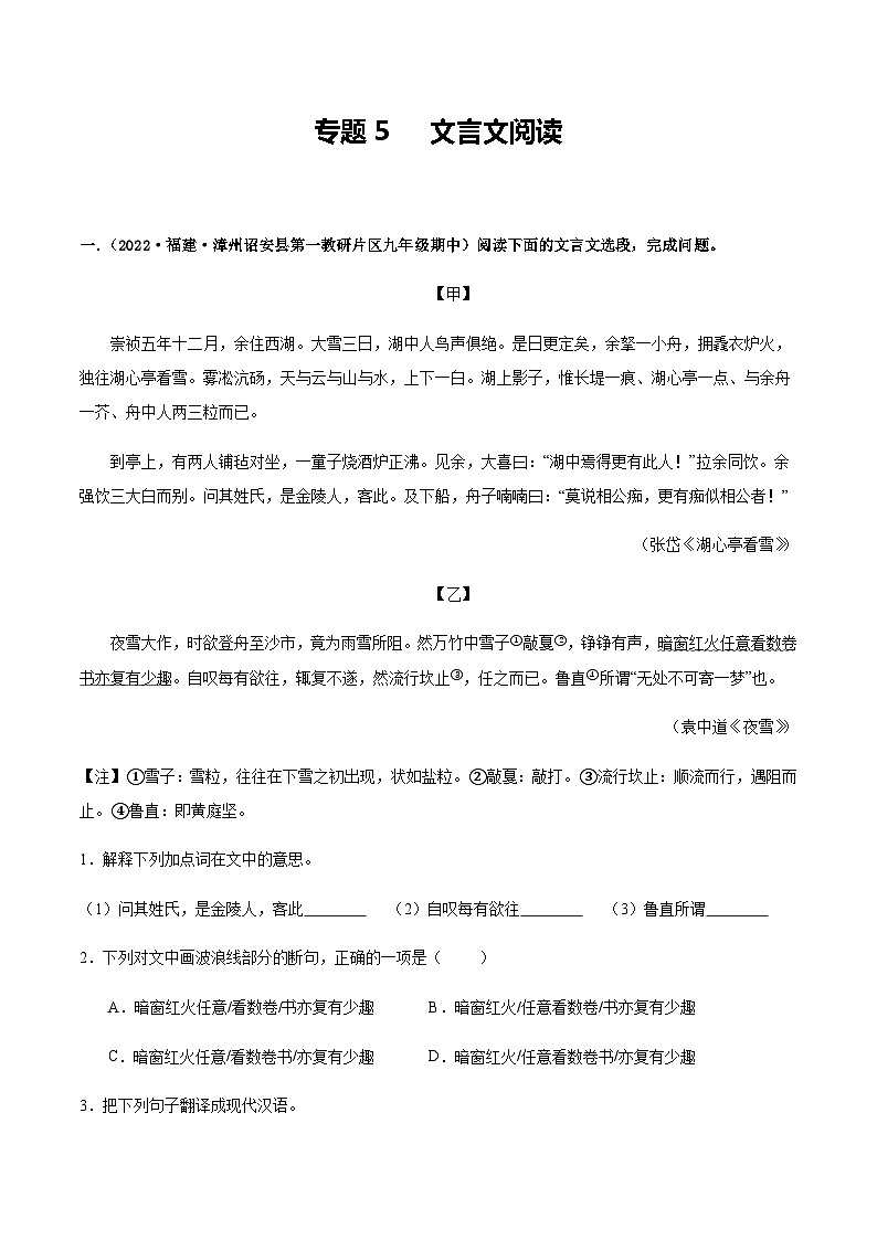 【期中真题】（福建专用）2023-2024学年九年级语文上册 期中检测卷-专题05 文言文阅读-试卷.zip01