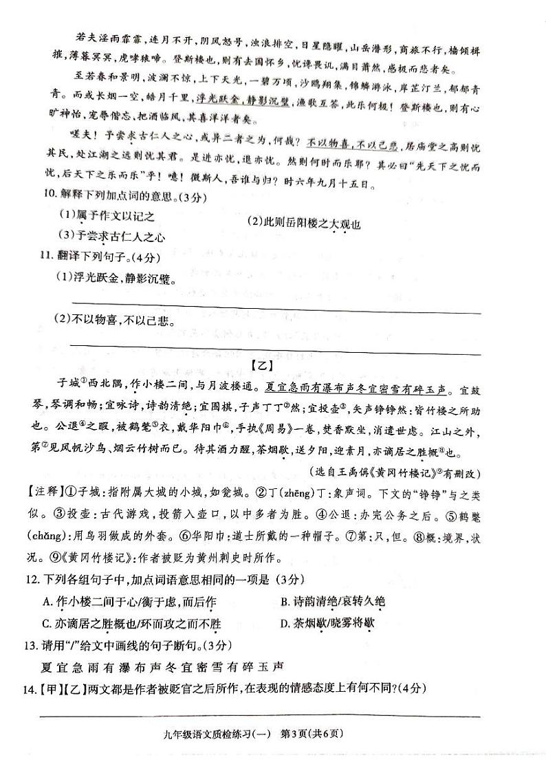 广东省湛江市廉江市良垌中学2023-2024学年九年级上学期10月月考语文试题03