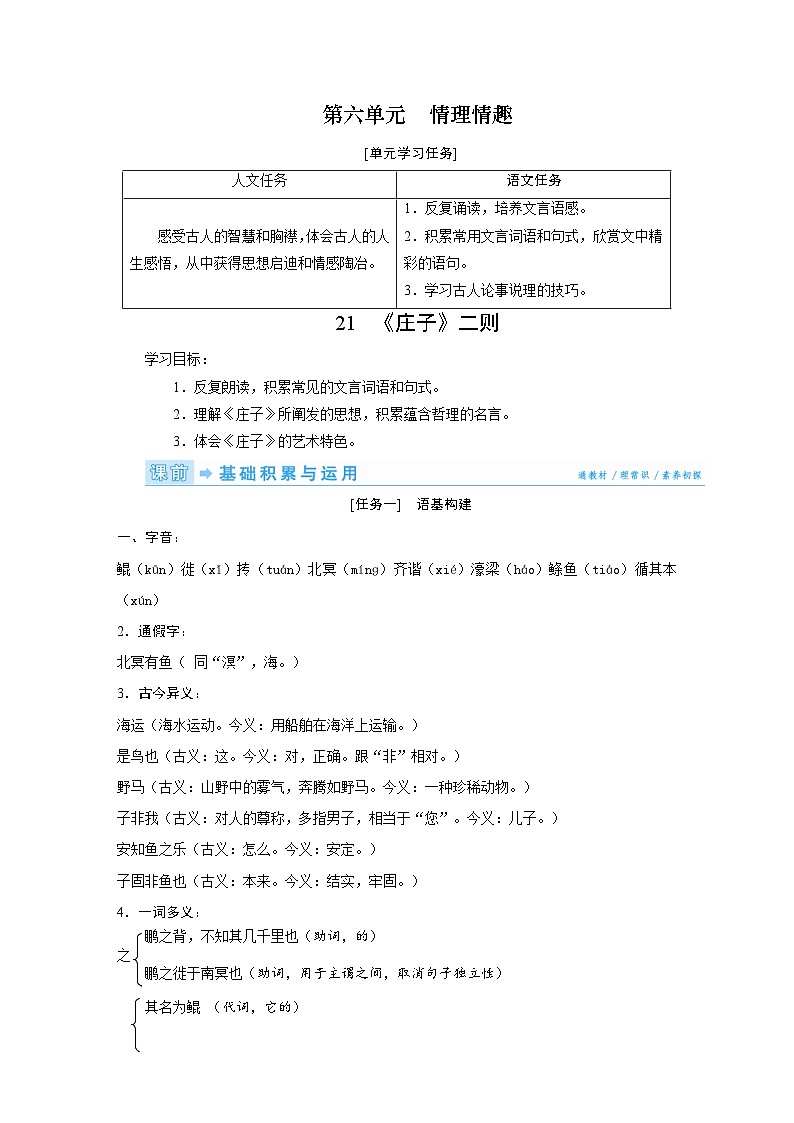 部编版语文八年级下册精品同步讲义第21课《庄子》二则（含解析）第1页