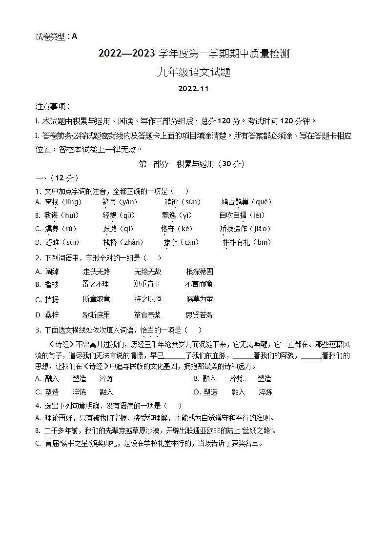 精品解析：山东省潍坊市潍城区2022-2023学年九年级上学期期中语文试题（原卷版）第1页