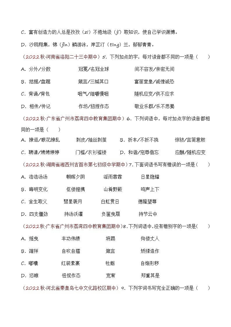 专题01：字音字形（考点串讲+考点清单+考题猜想）-2023-2024学年九年级语文上学期期中考点大串讲（统编版）02
