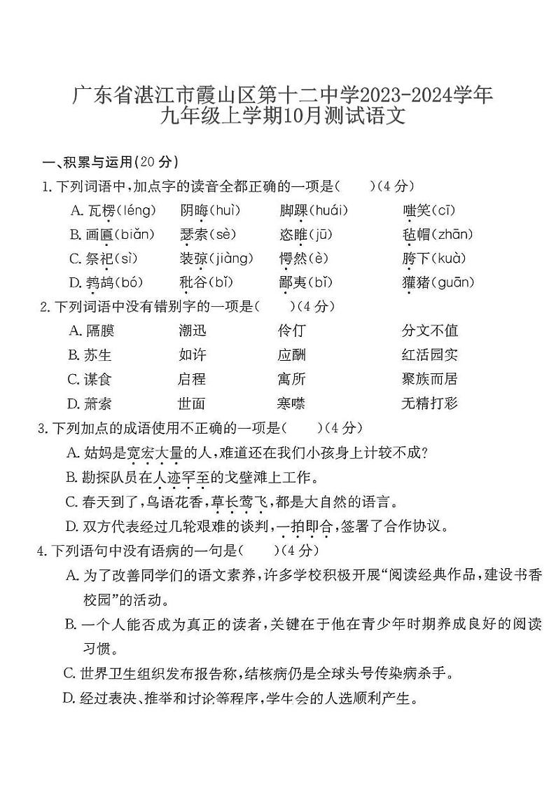广东省湛江市第十二中学2023-2024学年九年级上学期10月月考语文试题第1页