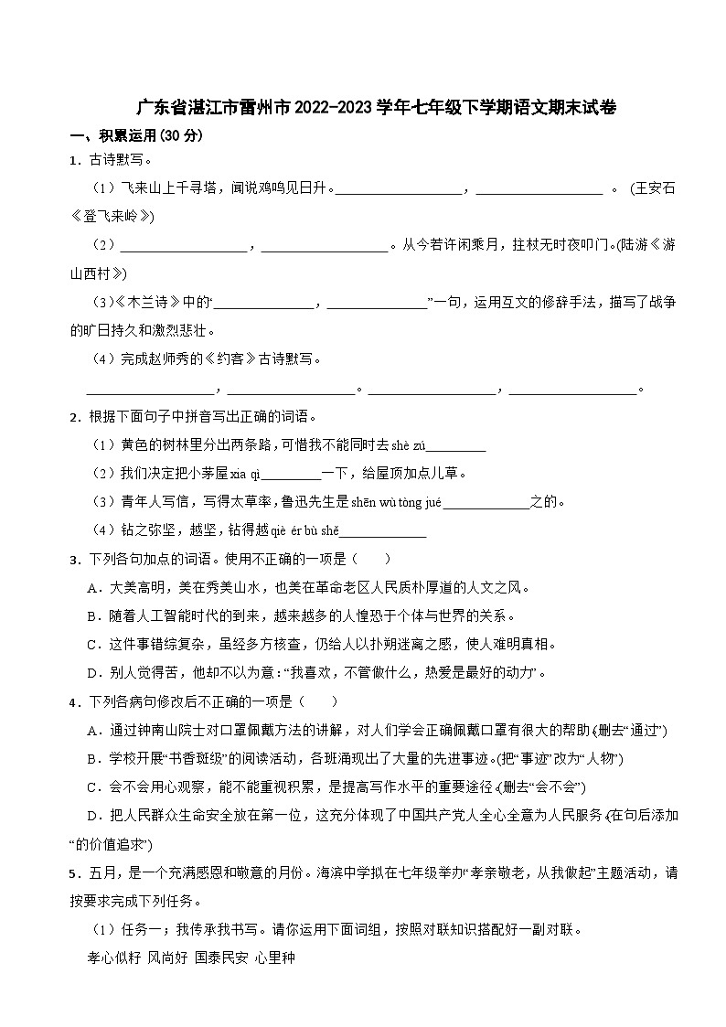 广东省湛江市雷州市2022-2023学年七年级下学期语文期末试卷01