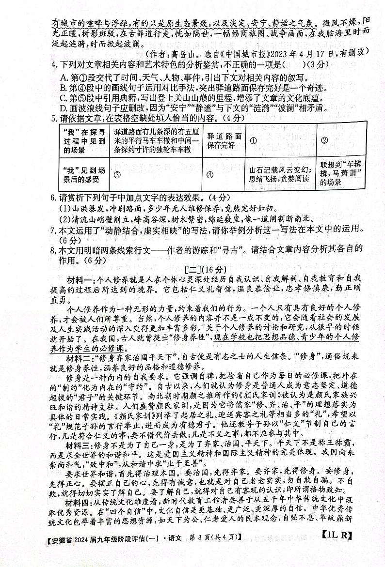 安徽省安庆市桐城市大关区联考2023-2024学年九年级上学期第一次月考语文试题第3页