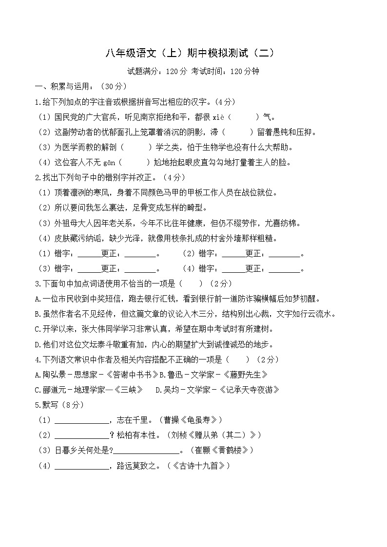 2023-2024学年八年级语文上学期期中考点大串讲（统编版） 八年级语文上册期中模拟试卷2（学生版）+答案01