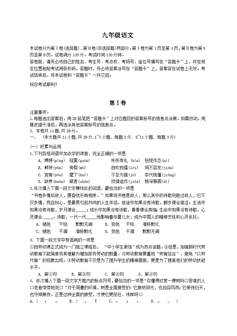 天津市红桥区2023-2024学年九年级上学期期中考试语文试题01