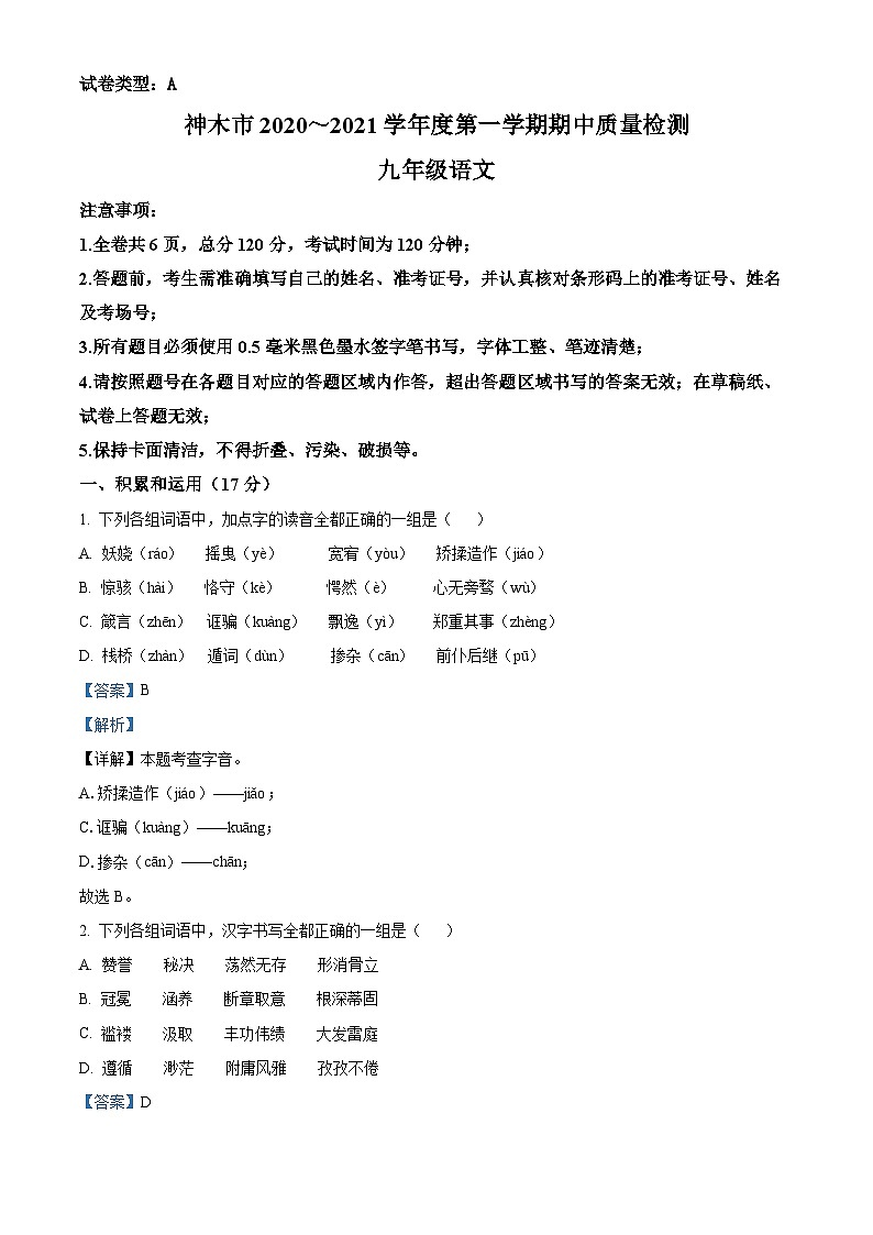陕西省榆林市神木县2020-2021学年九年级上学期期中语文试题（解析版）01
