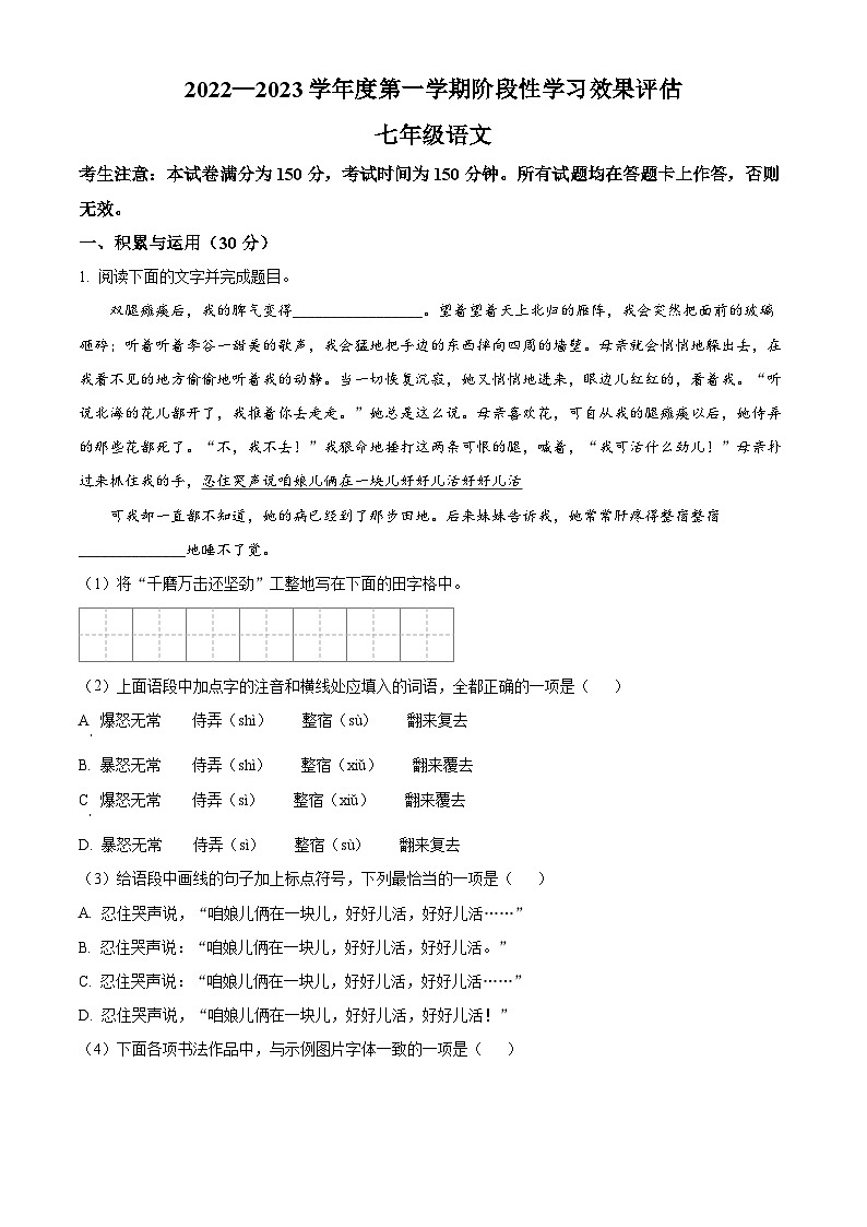 甘肃省陇南市礼县礼县第六中学2022-2023学年七年级上学期期中语文试题（解析版）01