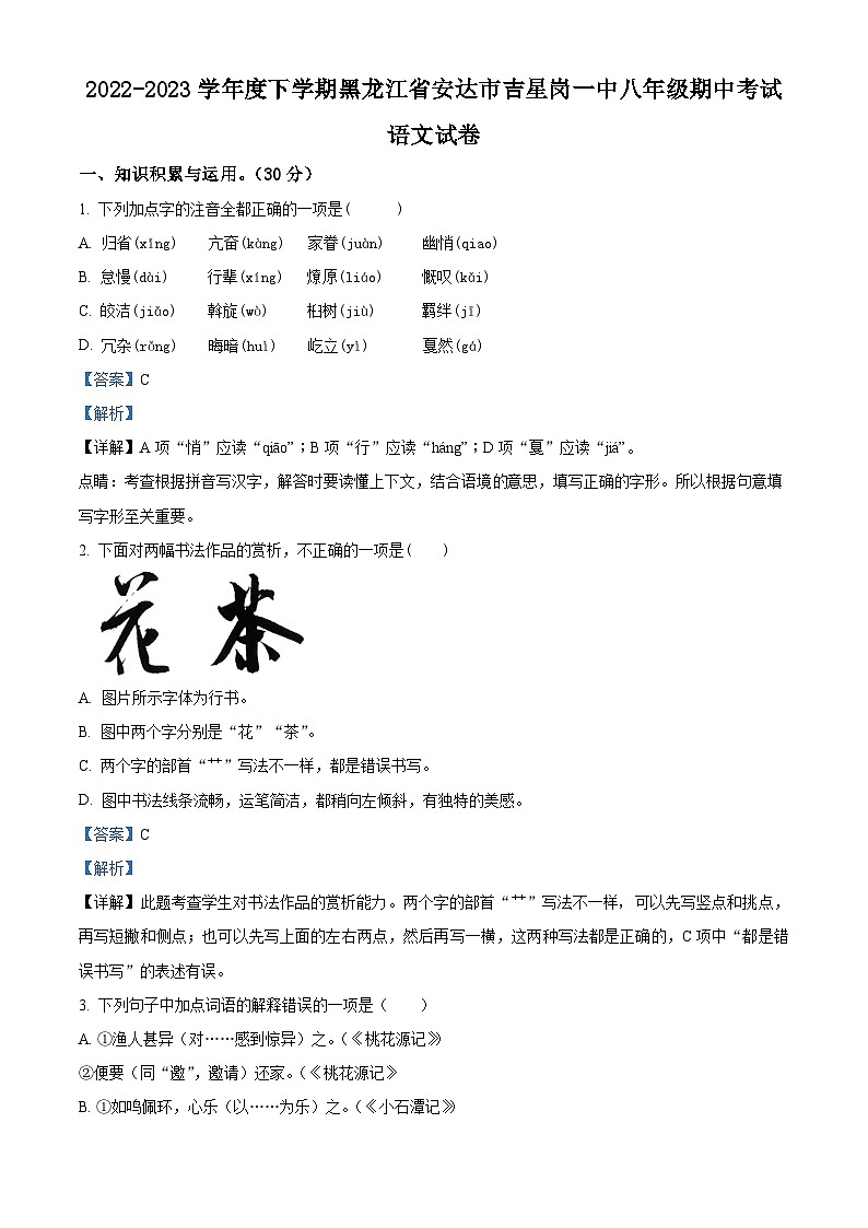 黑龙江省绥化市安达市吉星岗镇第一中学2022-2023学年八年级下学期期中语文试题（解析版）第1页