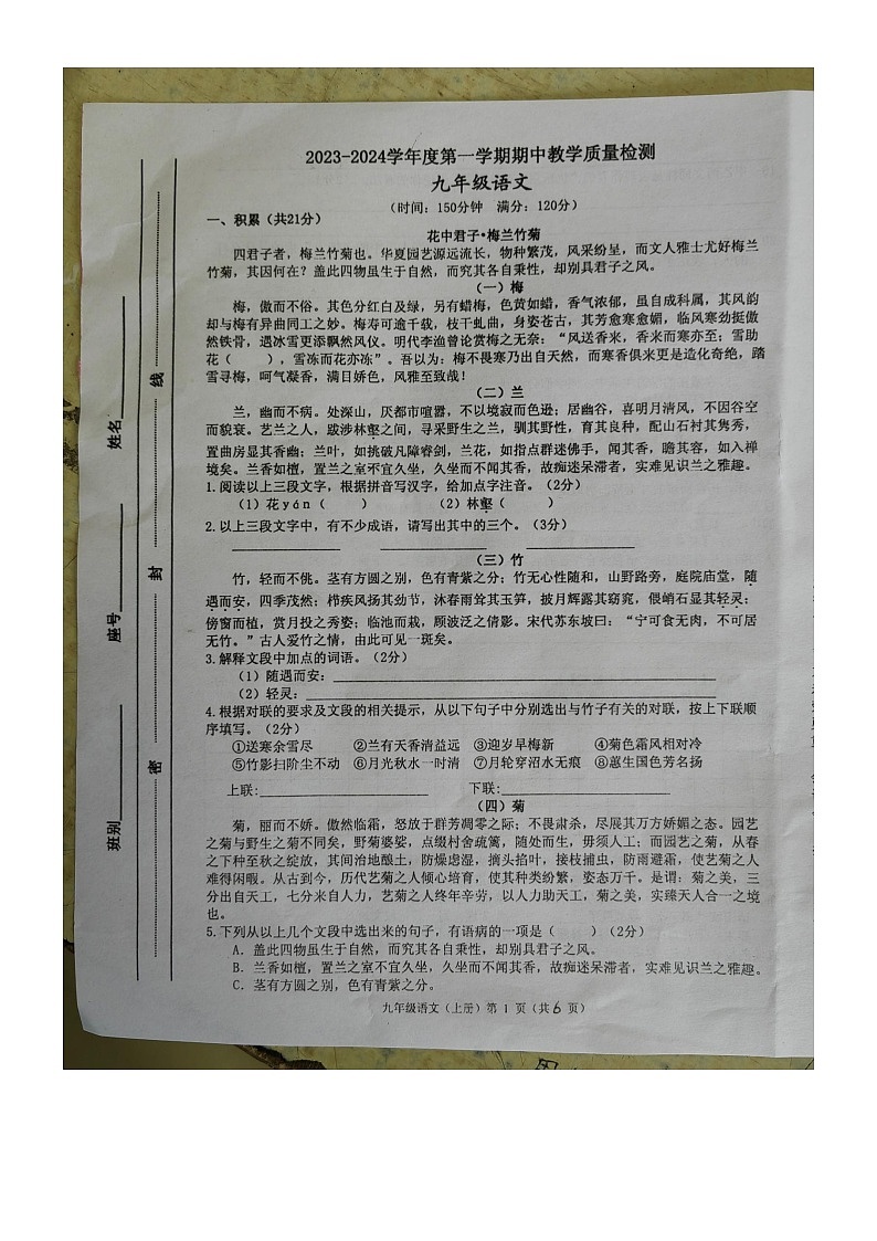 广西壮族自治区北海市合浦县2023-2024学年九年级上学期11月期中语文试题01