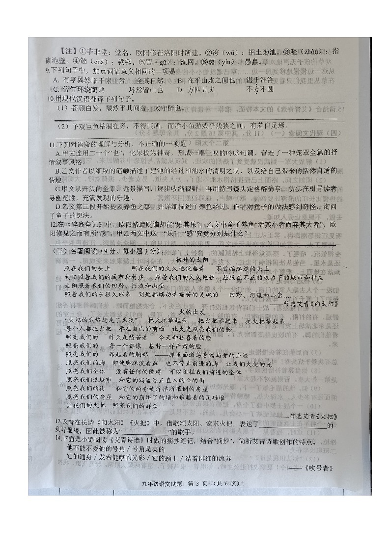 湖北省十堰市郧阳区2023-2024学年九年级上学期期中考试语文试题第3页