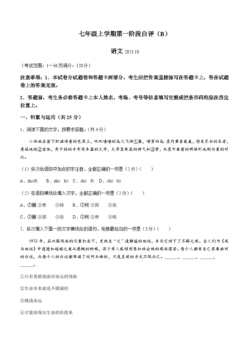河南省安阳市林州市2023-2024学年七年级10月月考语文试题01