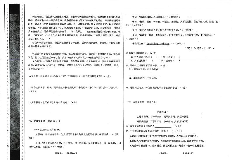 甘肃省定西市岷县2023-2024学年七年级上学期期中考试语文试卷第3页