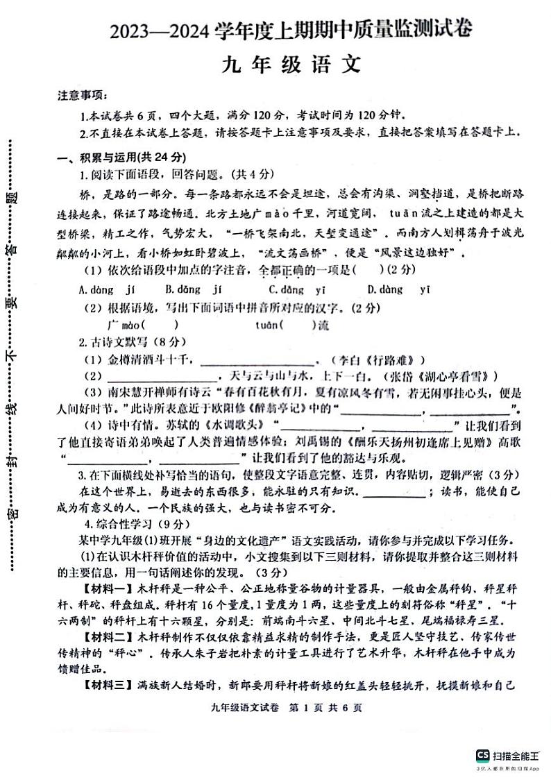 河南省信阳市罗山县2023-2024学年九年级上学期11月期中语文试题第1页