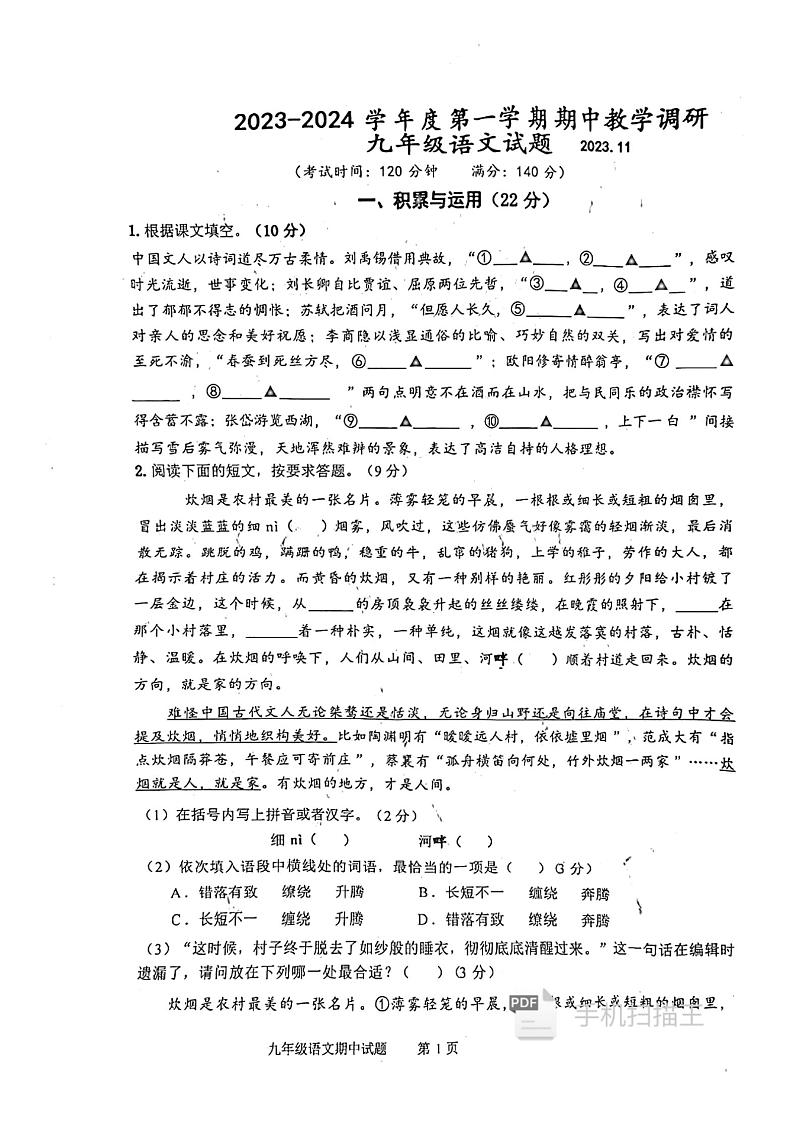 江苏省徐州市睢宁县2023-2024学年九年级上学期11月期中语文试题01