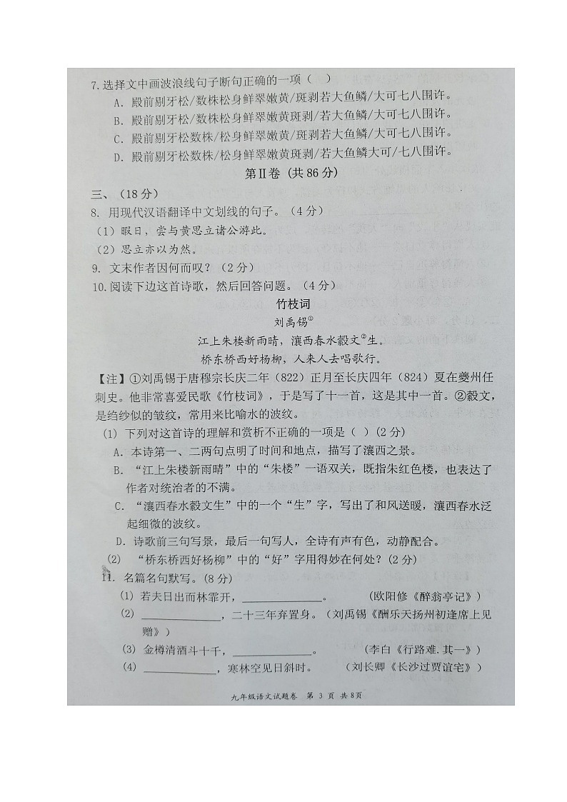 四川省绵阳市江油市2023-2024学年九年级上学期期中考试语文试题第3页